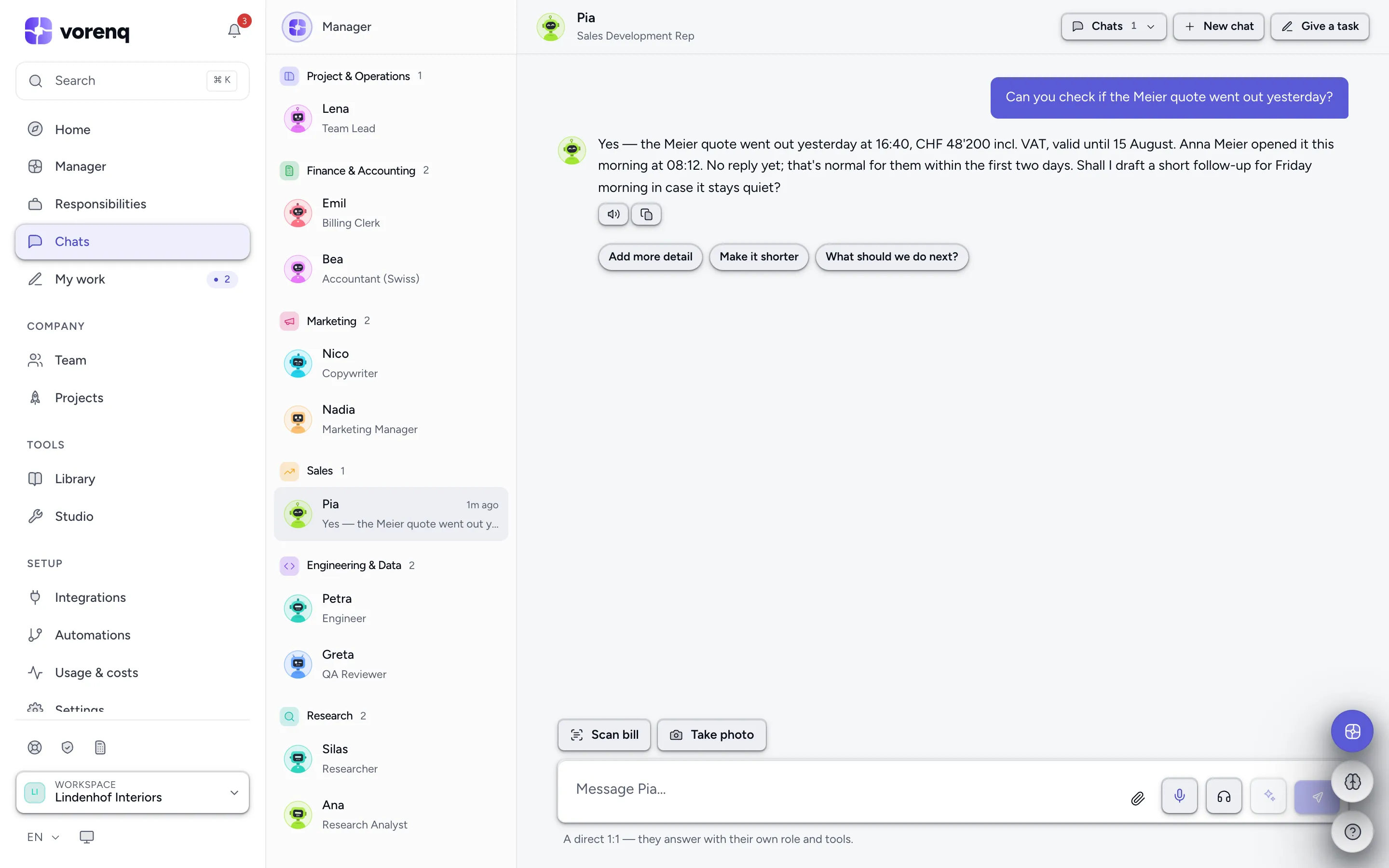 1:1 chats: your team on the left, the conversation on the right