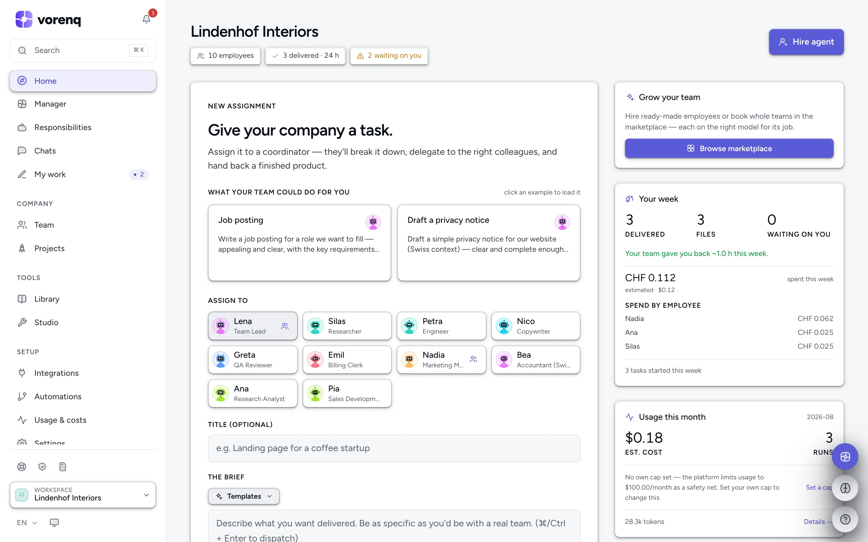 The Home page: your team, live work and the task composer