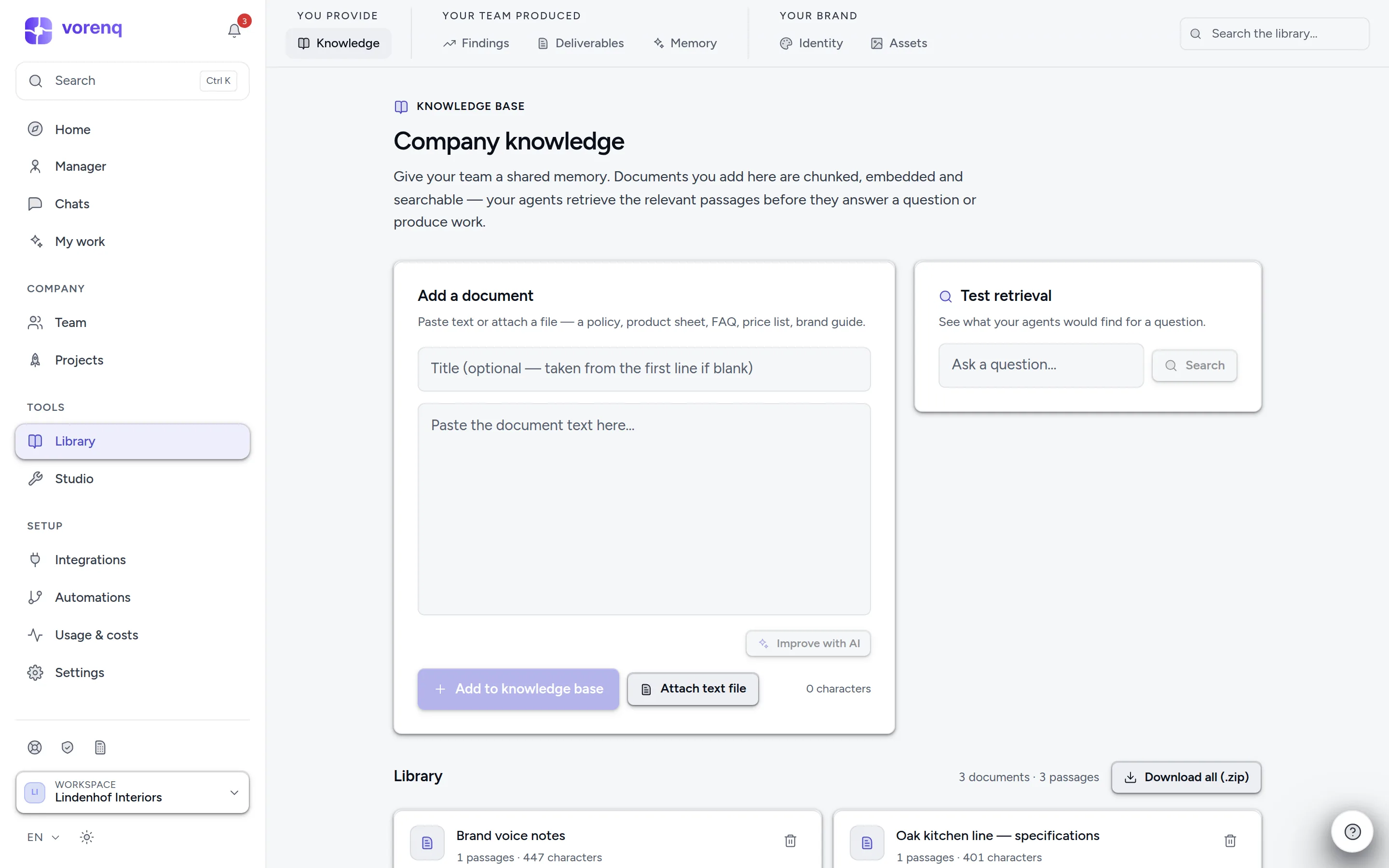 The Library's knowledge tab: paste a document once and your whole team can use it
