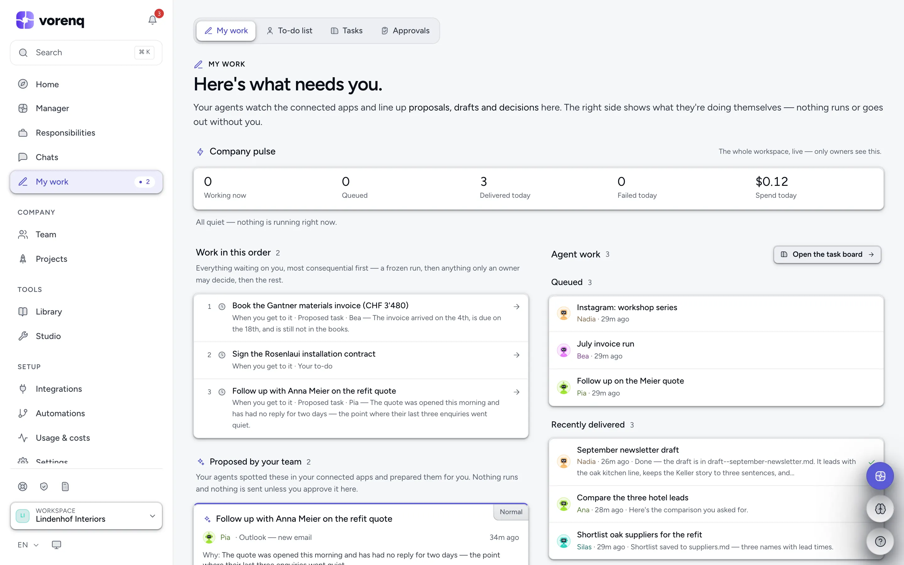 The My Work hub with its tabs: My work, task board, approvals