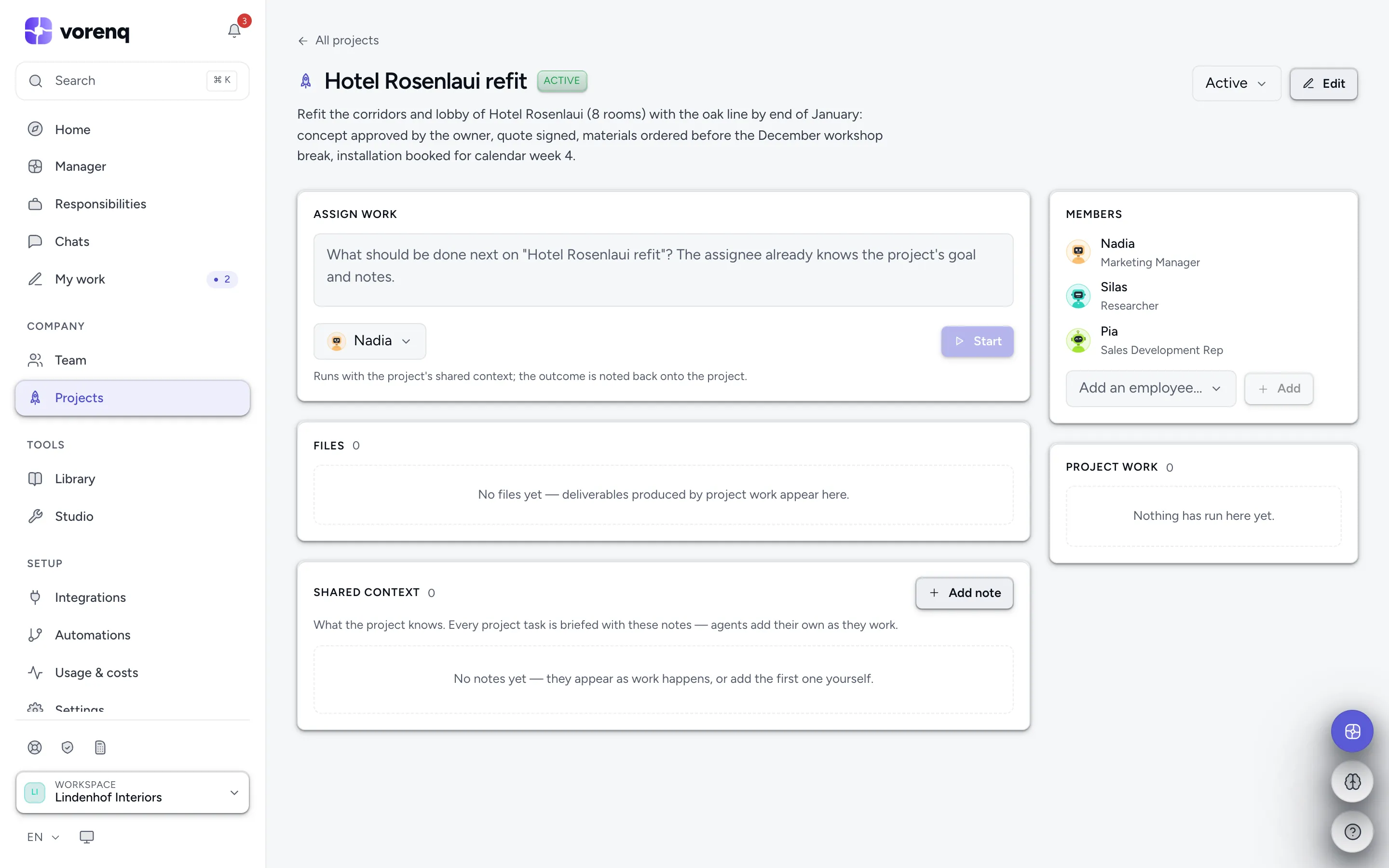 Projects: one goal, several employees, shared context
