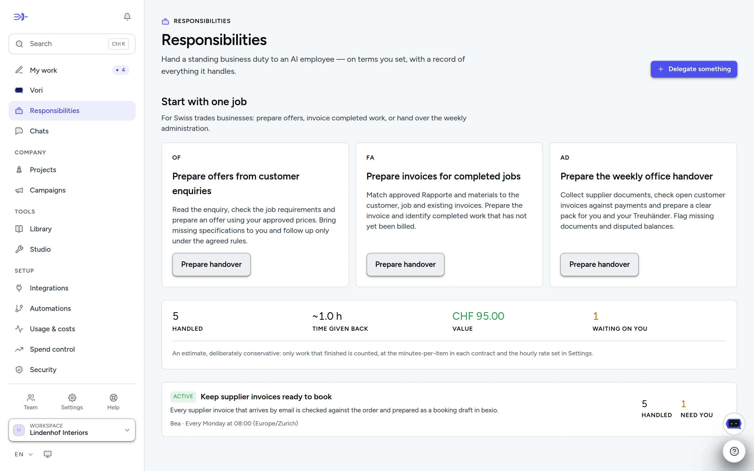 Responsibilities: standing duties with a record of what they handled