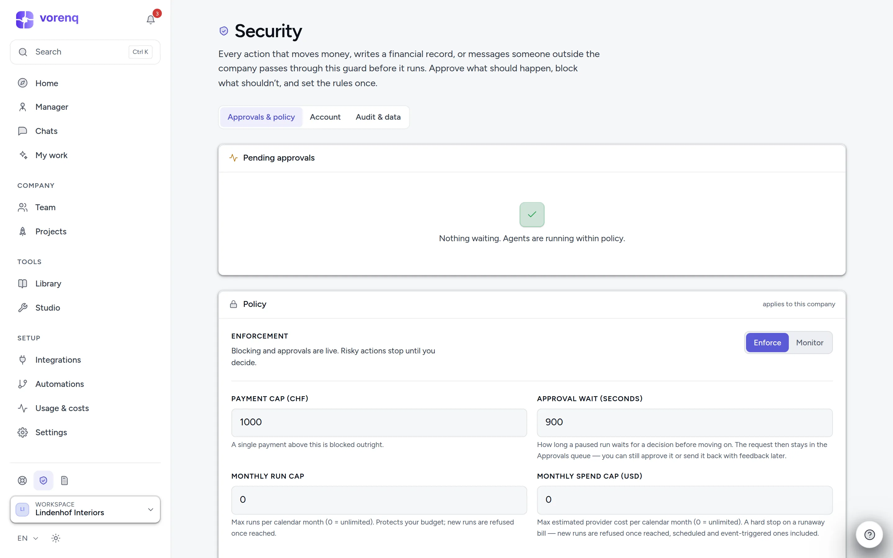 The Security page: policy, approvals and permissions in one place