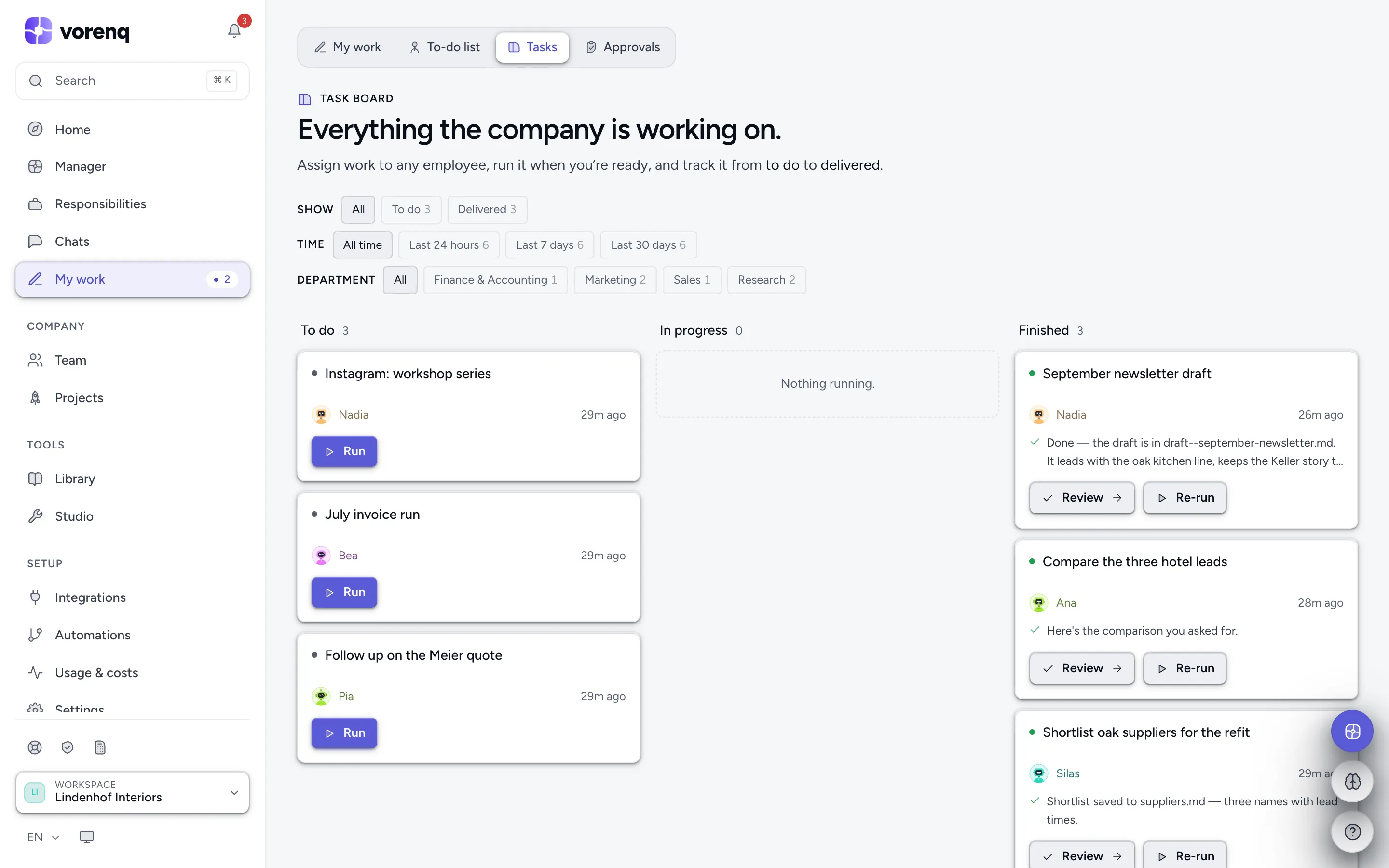 The task board: queued, running and finished work