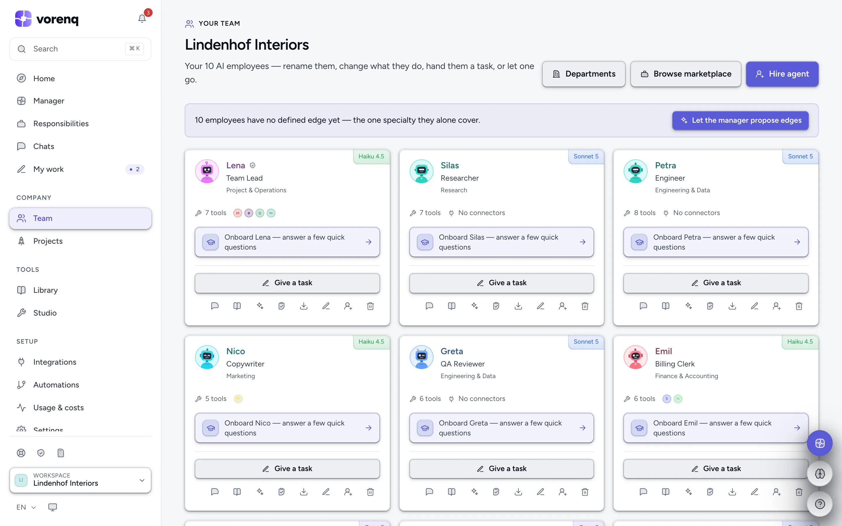 The Team page: your employees, their roles and departments
